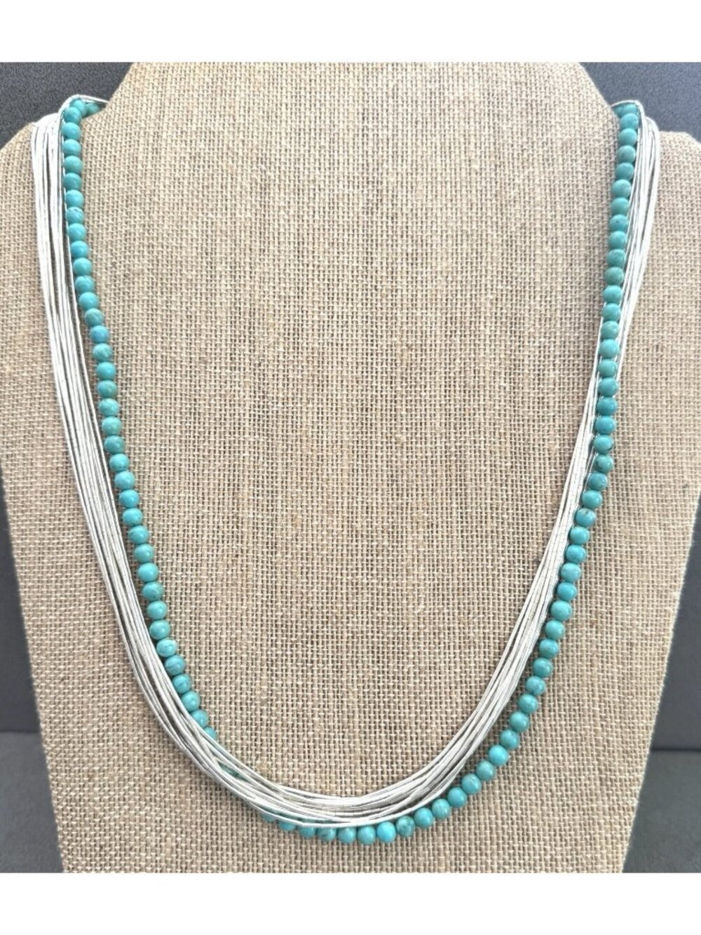 Vtg Navajo TURQUOISE +10 Strand Sterling LIQUID SILVER NECKLACE Southwestern 24"